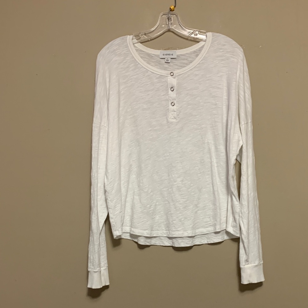 EVEREVE Women Peyton Henley Large White Gauzy Long Sleeve Top Quiet Minimal